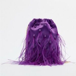 Zara - Purple Feather-Trim Satin Drawstring Bag